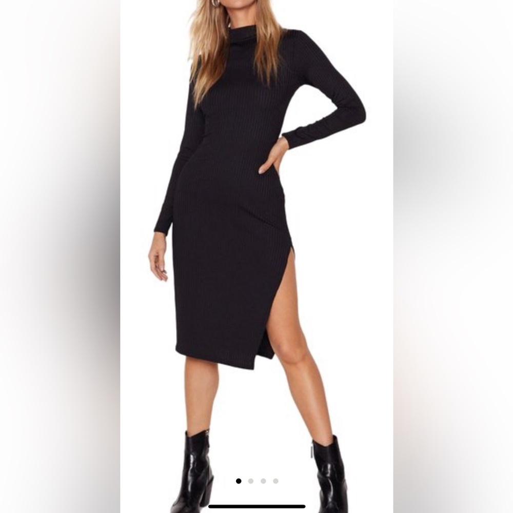 Nasty Gal Black High in the City Ribbed Midi dress